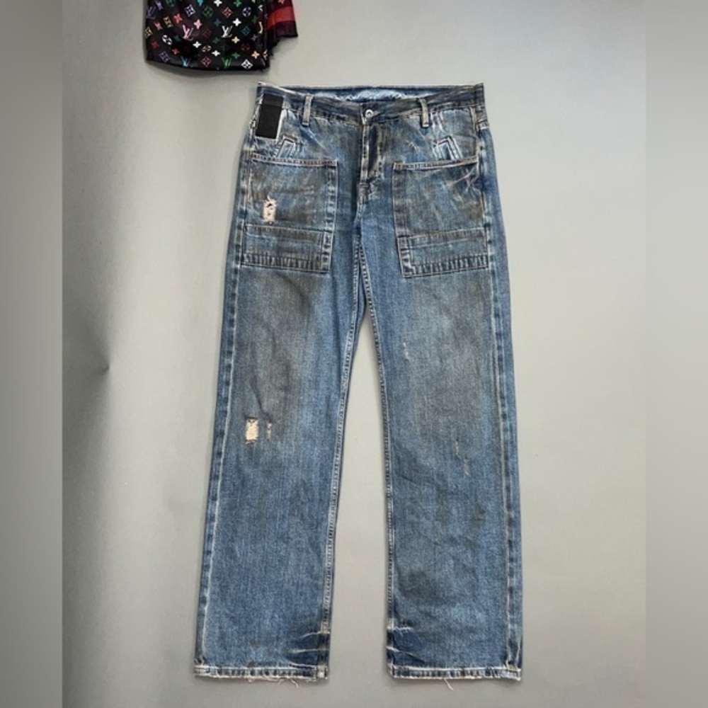 Waxed Oiled Rick Owens SLAB Denim Mud Distressed Washed Pocket Flare Cargo Jeans